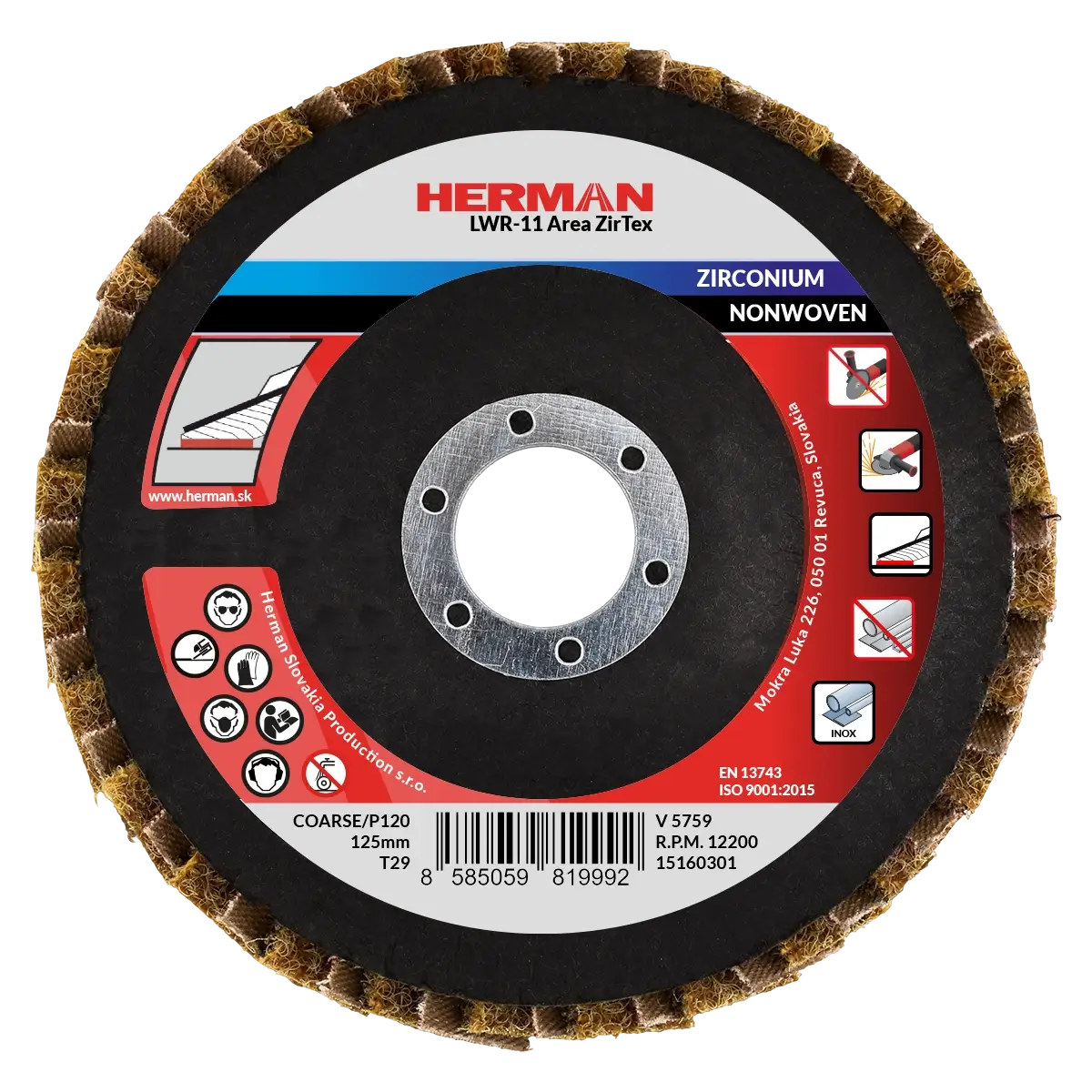 Kombinovaný lamelový kotúč HERMAN LWR-11 Area ZirTex 125mm | Zirconia | coarse / P120